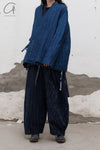 AVIVA JIFEI XUE Indigo Stripe Linen Short Kimono Jacket A21-KJS Reversible Indigo Stripe Linen Short Kimono Jacket
